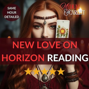 May include: An image featuring a woman with red hair holding a tarot card with a sun design. The text "NEW LOVE ON HORIZON READING" is displayed. The image also includes the text "SAME HOUR DETAILED" and a logo that says "Medium Scarlett".