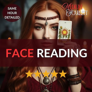 May include: A woman with red hair holds a tarot card with a sun design. The image includes the text "FACE READING" and "Medium Scarlett". A circular graphic reads "SAME HOUR DETAILED". Gold stars and jewelry are also visible.