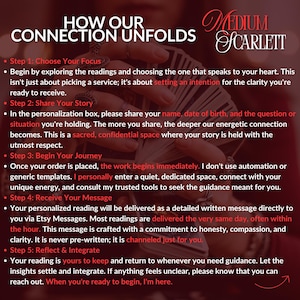 Pode incluir: Gr&aacute;fico vermelho com o texto "HOW OUR CONNECTION UNFOLDS" e "Medium Scarlett". O texto descreve as etapas de um servi&ccedil;o de leitura personalizado, incluindo a escolha de um foco, compartilhar uma hist&oacute;ria e receber uma mensagem.