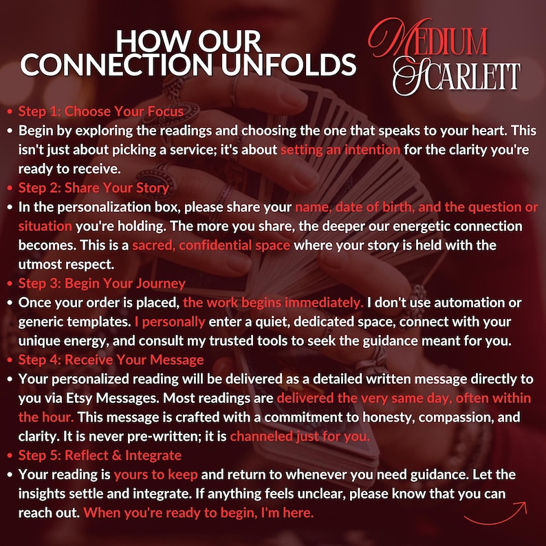 Pode incluir: Gr&aacute;fico vermelho com o texto "HOW OUR CONNECTION UNFOLDS" e "Medium Scarlett". O texto descreve as etapas de um servi&ccedil;o de leitura personalizado, incluindo a escolha de um foco, compartilhar uma hist&oacute;ria e receber uma mensagem.