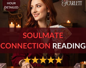 May include: An image featuring a woman with red hair smiling, holding tarot cards. The text "SOULMATE CONNECTION READING" is displayed in a red banner. The image also includes the text "SAME HOUR DETAILED" and "Medium Scarlett". Five gold stars are at the bottom.