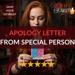 Peut inclure: Image d'une femme aux cheveux roux tenant une carte avec un motif bleu et rose. La carte indique "SPECIAL PERSON". Le texte superposé comprend "APOLOGY LETTER FROM SPECIAL PERSON" et "SAME HOUR DETAILED."