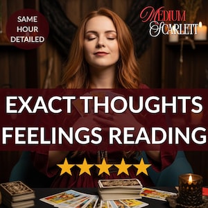 Può includere: Una donna dai capelli rossi con gli occhi chiusi tiene in mano delle carte dei tarocchi. L'immagine include il testo "EXACT THOUGHTS FEELINGS READING" e "Medium Scarlett". Ci sono cinque stelle d'oro in fondo al testo.