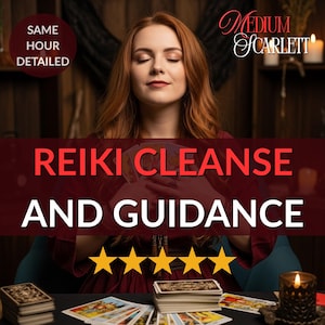 May include: Image features a woman with red hair, eyes closed, holding tarot cards. Text reads "Reiki Cleanse and Guidance" with five gold stars. The words "Same Hour Detailed" are in a circle. The name "Medium Scarlett" is in cursive.