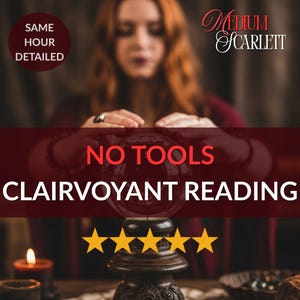 Puede incluir: Imagen que promociona lecturas de clarividencia. El texto incluye "NO TOOLS" y "CLAIRVOYANT READING" en letras blancas sobre una pancarta roja. La imagen también presenta una bola de cristal, cinco estrellas doradas y las palabras "SAME HOUR DETAILED".