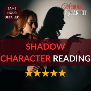 May include: Image featuring a woman with red hair and a shadow silhouette. Text reads "Shadow Character Reading" with "Medium Scarlett" and "Same Hour Detailed". Five gold stars are at the bottom.