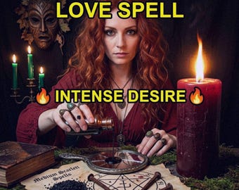Könnte beinhalten: Bild mit dem Text "DARK LOVE SPELL" und "INTENSE DESIRE". Eine Frau mit roten Haaren gießt Flüssigkeit aus einer Flasche. Eine große rote Kerze brennt hell. Weitere Elemente sind ein Spiegel, Nägel und ein Buch.