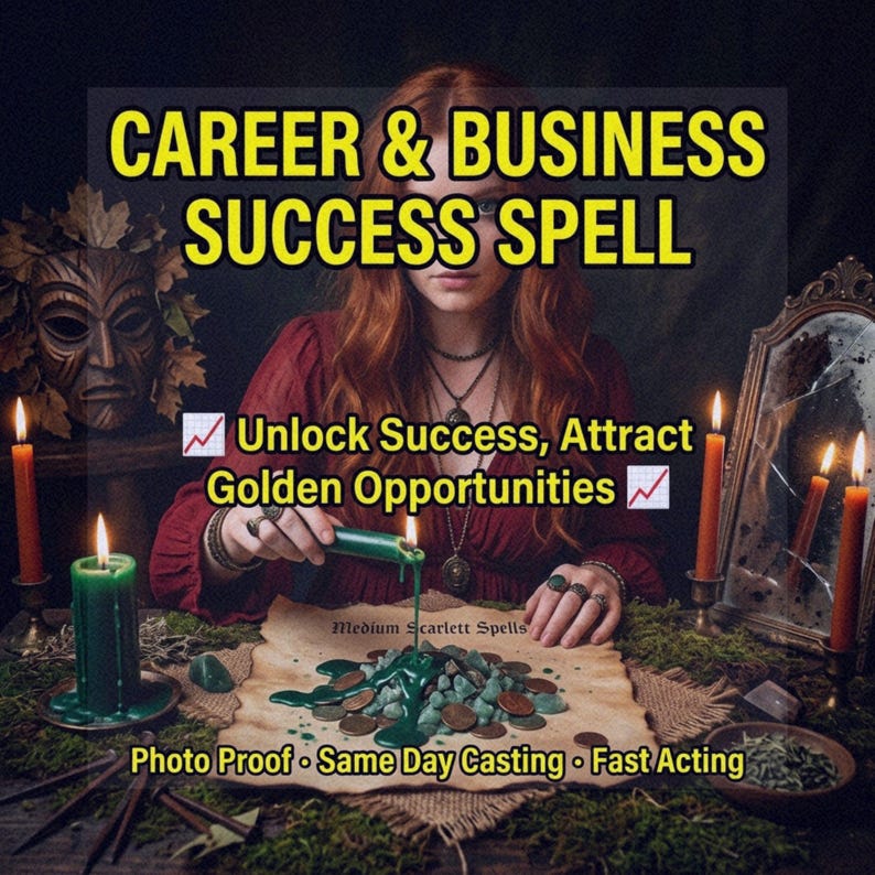 Pu&ograve; includere: Immagine che promuove un incantesimo per il successo professionale e commerciale. Il testo recita "CAREER & BUSINESS SUCCESS SPELL" e "Unlock Success, Attract Golden Opportunities". Una persona versa liquido verde su monete, con candele accese.