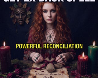 May include: An image with the text "GET EX BACK SPELL" and "POWERFUL RECONCILIATION". A woman with red hair is the central figure, surrounded by candles and a voodoo doll. The words "Medium Scarlett Spells" are also visible.