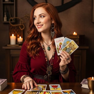Pode incluir: Uma mulher ruiva com um vestido bord&ocirc; segura cartas de tar&ocirc;, uma com a palavra "LOVE". Outras cartas est&atilde;o sobre uma mesa de madeira. Velas e joias tamb&eacute;m s&atilde;o vis&iacute;veis.
