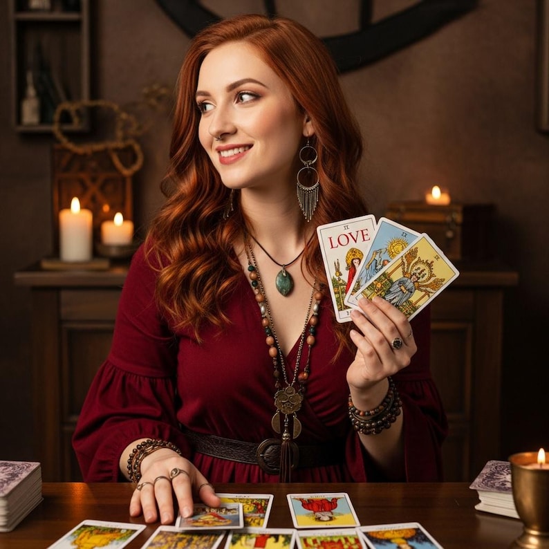 Pode incluir: Uma mulher ruiva com um vestido bord&ocirc; segura cartas de tar&ocirc;, uma com a palavra "LOVE". Outras cartas est&atilde;o sobre uma mesa de madeira. Velas e joias tamb&eacute;m s&atilde;o vis&iacute;veis.