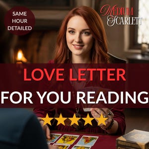 以下が含まれることがあります： 赤い髪の女性が笑顔で、赤い文字で「LOVE LETTER FOR YOU READING」と書かれた画像。画像には「SAME HOUR DETAILED」と「Medium Scarlett」の文字も含まれています。タロットカードと金の星が見えます。