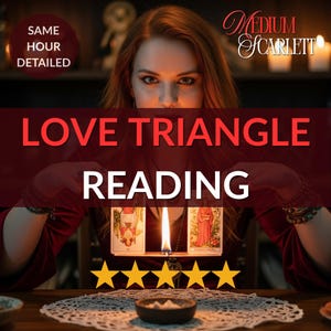 May include: An image promoting a "Love Triangle Reading" with the text in bold red letters. The image features a woman with red hair, tarot cards, a lit candle, and five gold stars. The words "Same Hour Detailed" are in a circle in the upper left corner.