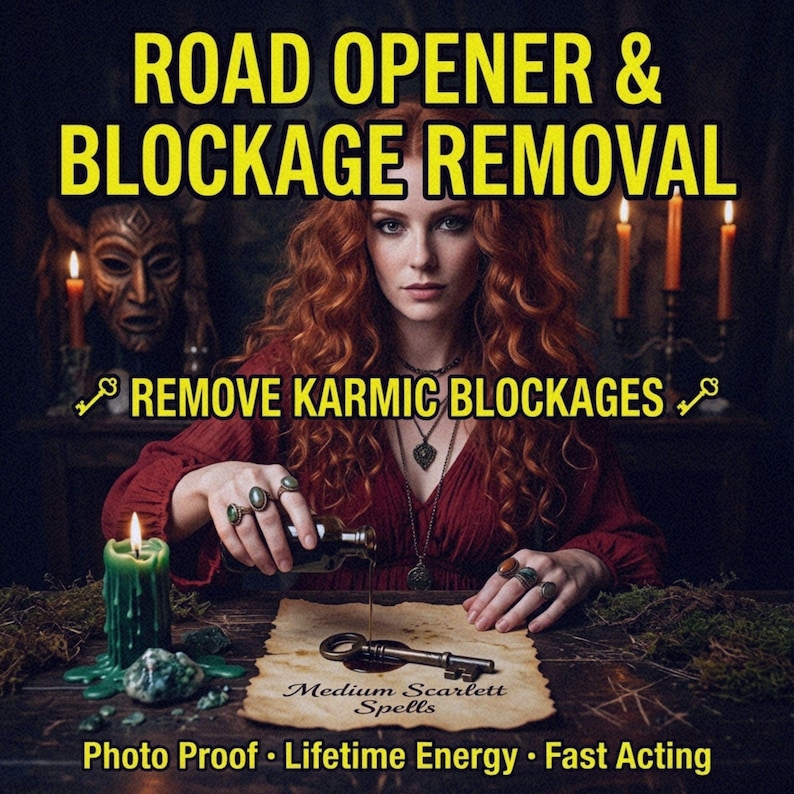 May include: An image with text that reads "ROAD OPENER & BLOCKAGE REMOVAL" and "REMOVE KARMIC BLOCKAGES". A woman with red hair pours liquid onto a key. The text "Medium Scarlett Spells" is also visible.