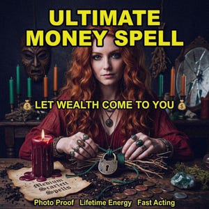 Puede incluir: Imagen con el texto "ULTIMATE MONEY SPELL" y "LET WEALTH COME TO YOU". Una mujer pelirroja es la figura central, rodeada de velas, una vela encendida y un pergamino. También se ven las palabras "Photo Proof Lifetime Energy Fast Acting".