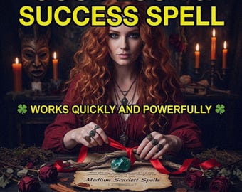 May include: An image with the text "GOOD LUCK & SUCCESS SPELL" in yellow. A woman with red hair is the focal point, surrounded by candles and mystical items. The text "WORKS QUICKLY AND POWERFULLY" is also present. Additional text includes "Photo Proof Extreme Energy Fast Acting".