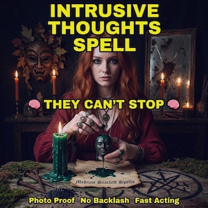 Puede incluir: Imagen con el texto "INTRUSIVE THOUGHTS SPELL THEY CAN'T STOP". Una mujer pelirroja sostiene un objeto verde. La imagen incluye velas, una máscara y el texto "Medium Scarlett Spells".