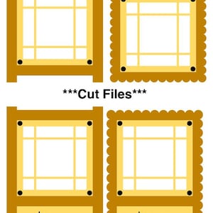 May include: Four rectangular frames in gold and yellow tones, two with straight edges and two with scalloped edges. Each frame features a grid pattern and four black dots at the corners. The bottom two frames include the text January. ***Cut Files***
