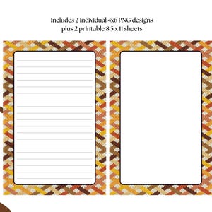 May include: Two rectangular stationery sheets with a plaid border in orange, yellow, and brown. One sheet is lined, the other is blank. Text reads: Includes 2 individual 4x6 PNG designs plus 2 printable 8.5 x 11 sheets. Surrounded by autumn icons.