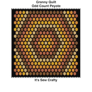 May include: A square beadwork pattern titled Granny Quilt Odd Count Peyote by It's Sew Crafty. The design features a geometric arrangement of hexagonal beads in shades of yellow, orange, and brown, set against a solid black background.