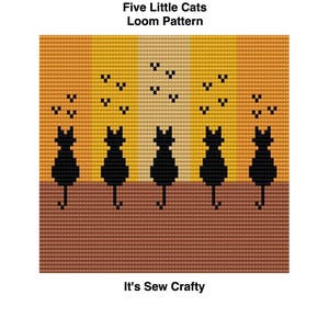 May include: A pixel art loom pattern titled Five Little Cats Loom Pattern by It's Sew Crafty. The design features five black cat silhouettes against a vertical striped background of yellow and orange hues, with small black hearts above each cat.