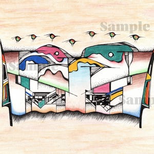 May include: An abstract drawing with geometric shapes and the word "Sample" in the upper right and lower right corners. The artwork features a combination of colours, including pink, blue, green, and yellow, with black outlines and a light brown background.