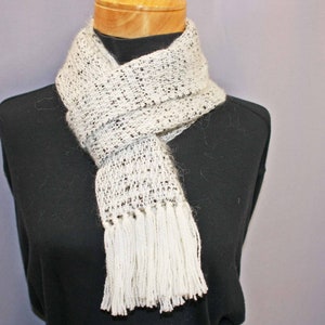 White mohair scarf, hand woven  silver, gray, and white scarf