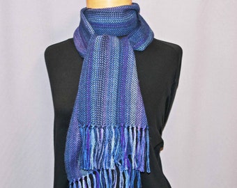 Blue alpaca, wool, silk hand woven scarf, woven wool scarf