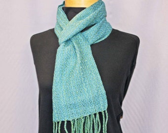 Teal alpaca silk woven scarf, hand woven merino, silk, alpaca scarf