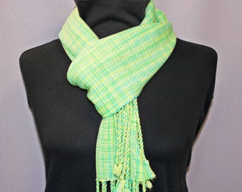 Green cotton scarf, yellow and green cotton, bamboo hand woven scarf