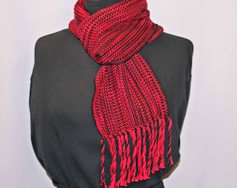 Red and black cotton woven scarf, hand woven chunky cotton scarf