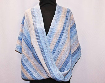 Light blue and tan handwoven wool infinity shawl, woven wool wrap, stole, cape