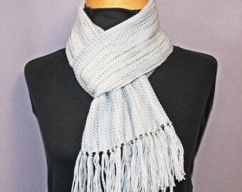 Light blue merino wool scarf, hand woven wool scarf