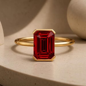 Emerald Cut Ruby Engagement Ring, Half Bezel Solitaire Wedding Ring, 14K Yellow Gold Ring, Minimalist Gold Ring, Pink Gem Anniversary Ring