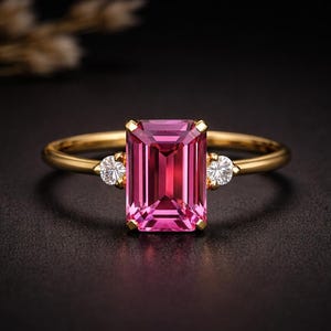 Puede incluir: Un anillo de oro con una gran gema rosa rectangular como pieza central, flanqueada por dos gemas claras redondas más pequeñas. La banda del anillo es de oro fino y pulido. El engaste resalta el vibrante tono rosa de la piedra principal.