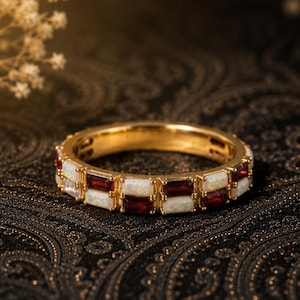 Baguette Garnet Eternity Wedding Band, Opal Stackable Ring, Birthstone Gift Jewelry, Stacking Promise Band Matching Bridal Ring Gift for Her
