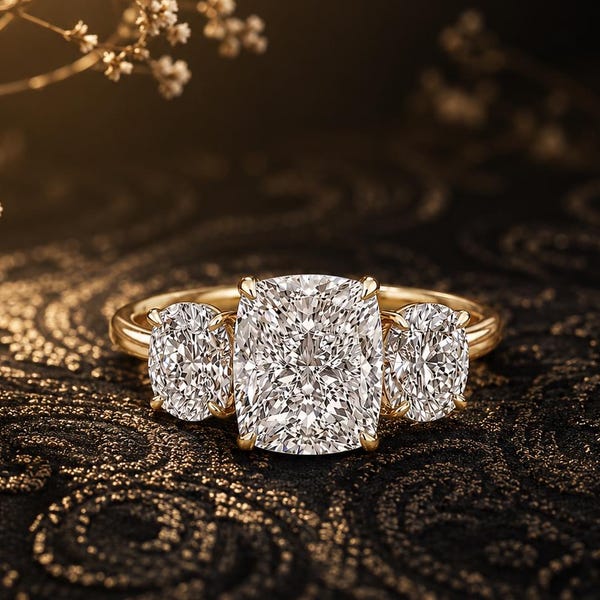 Cushion Moissanite Ring Three Stone Cushion Cut Engagement Ring 14K Gold Wedding Ring Trilogy Ring Unique Ring Eternity Ring, Gift For Women