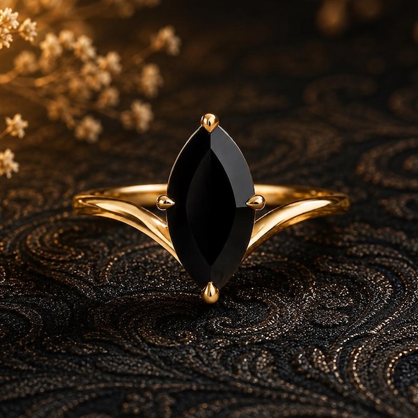 Marquise Schwarzer Onyx Gold Ring | Zierlicher Minimalistischer Edelstein Ring | Unikat Verlobungsring | Gothic elegantes Schmuck Geschenk für sie