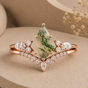 Kite Moss Agate Wedding Ring Set | Diamond Cluster Engagement Ring | V Shape Half Eternity Band | 14K Rose Gold Ring, Anniversary Ring Set