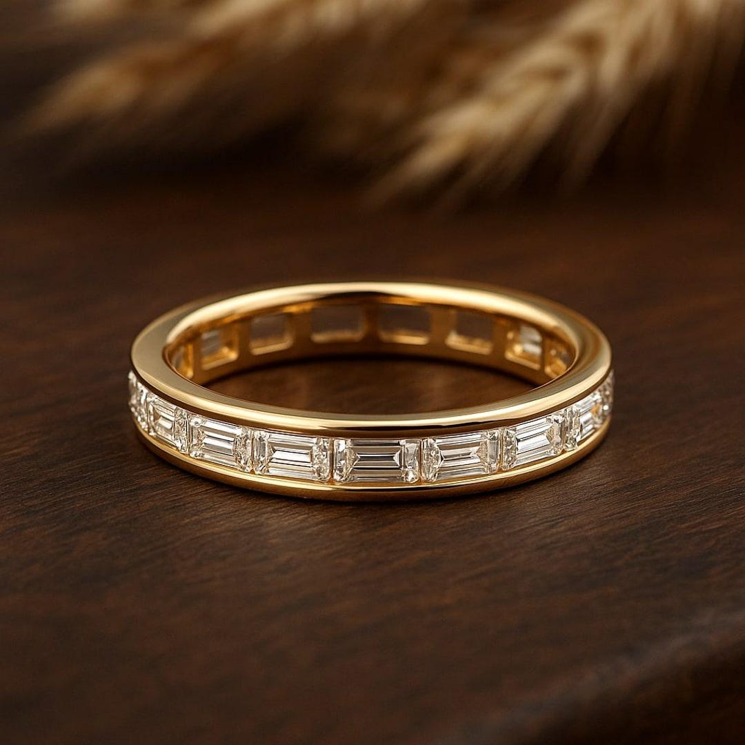 Baguette Moissanite Eternity Band 14K Gold, Bezel Set Wedding Ring ...