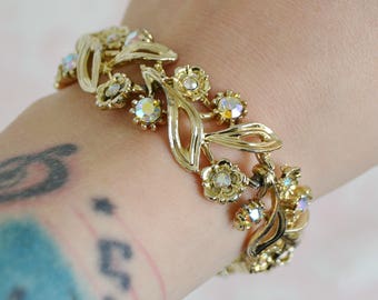 Vintage Gold Tone Metal Bracelet with AB Rhinestone Flowers