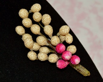 Vintage Brooch with Beige and Pink Sugar Bead Stem Corage