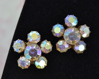 Vintage Clip-On Earrings with Iridescent Prong Set Glass Rhinestones by Kramer