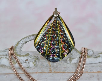 Vintage Glass Pendant Necklace with Rainbow Iridescent Shine on Metal Chain Made in Germany