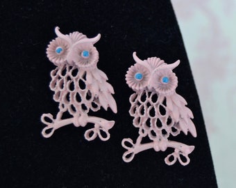 Vintage Pink Owl Pair of Brooches Made of Metal with Blue Painted Eyes