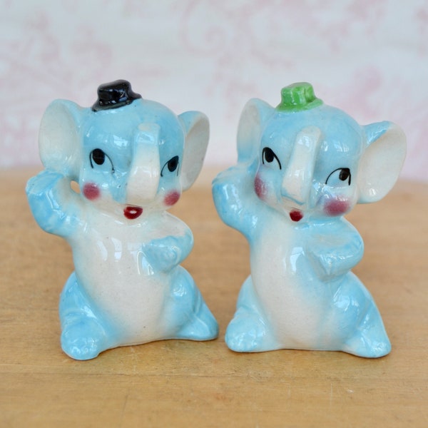 Vintage Dancing Blue Elephant Salt and Pepper Shakers Wearing Top Hats