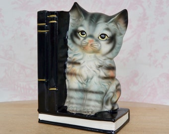 Vintage Bank and Single Bookend with Cat on Books