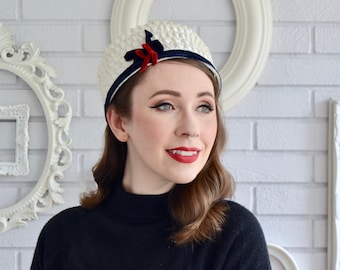 Vintage Cream Raffia Hat with Dark Blue and Red Velvet Ribbon and Bow