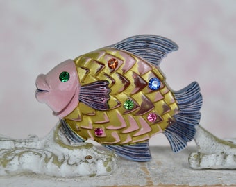Vintage Light Pink Acrylic Fish Brooch with Gold Painted and Rhinestones with Metal Clasp
