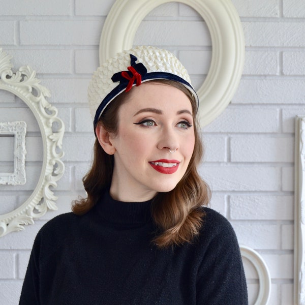 Vintage Cream Raffia Hat with Dark Blue and Red Velvet Ribbon and Bow